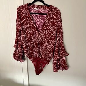 Free People Floral Maroon Bodysuit with Ruffle Sleeves size medium